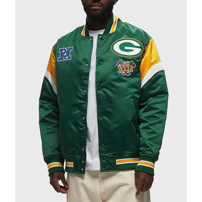 Green Bay Packers Heavyweight Full-Snap Varsity Green Satin Men's Bomber Jacket