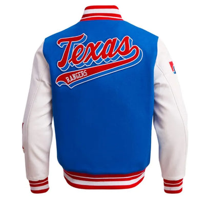 Texas Rangers Script Tail Blue Wool & White Leather Sleeves Varsity Men's Jacket