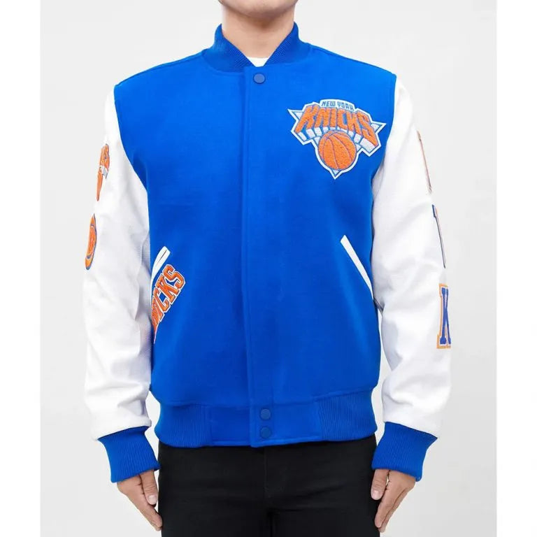 New York Knicks Varsity Royal Blue Wool & White Genuine Leather Sleeves Men's Letterman Jacket