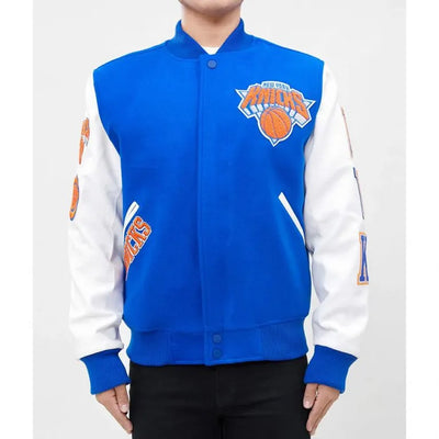 New York Knicks Varsity Royal Blue Wool & White Genuine Leather Sleeves Men's Letterman Jacket