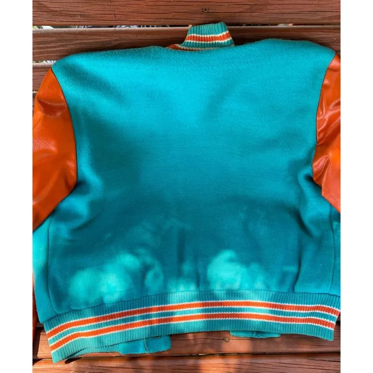 Miami Dolphins Aqua Wool and Orange Genuine Leather Sleeves Men's Varsity Letterman Jacket