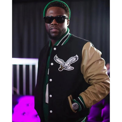 Kevin Hart Philadelphia Eagles Black Wool & Beige Genuine Leather Sleeves Men's Varsity Letterman Jacket