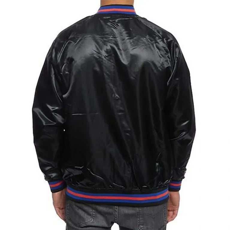 New York Knick Hardwood Classic Full-Snap Varsity Black Satin Men's Bomber Jacket