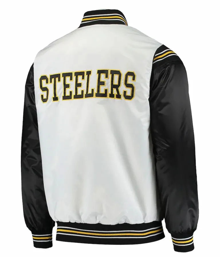 Pittsburgh Steelers Historic Renegade Full-Snap Varsity Black and White Satin Men's Bomber Jacket
