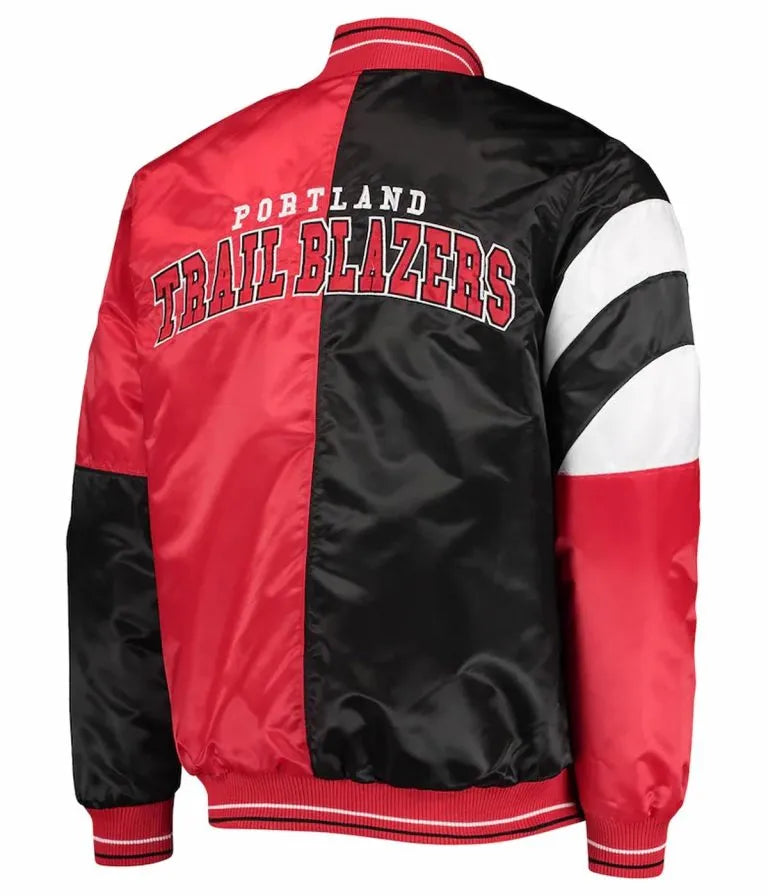 Portland Trail Blazers 75th Anniversary Full-Snap Varsity Black and Red Satin Men's Bomber Jacket