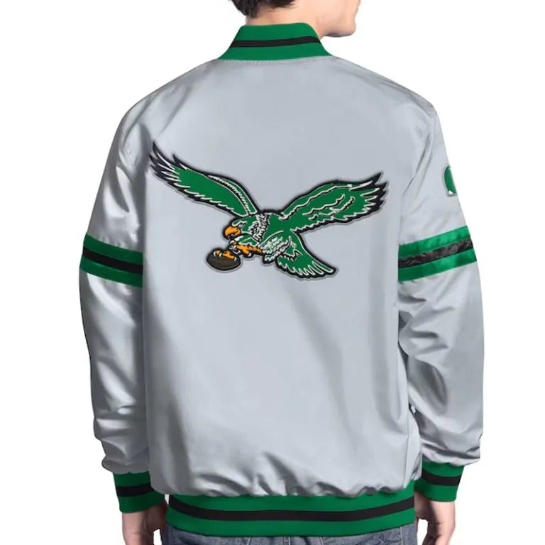 Philadelphia Eagles Vintage Scout Full-Snap Varsity Gray Satin Men's Bomber Jacket