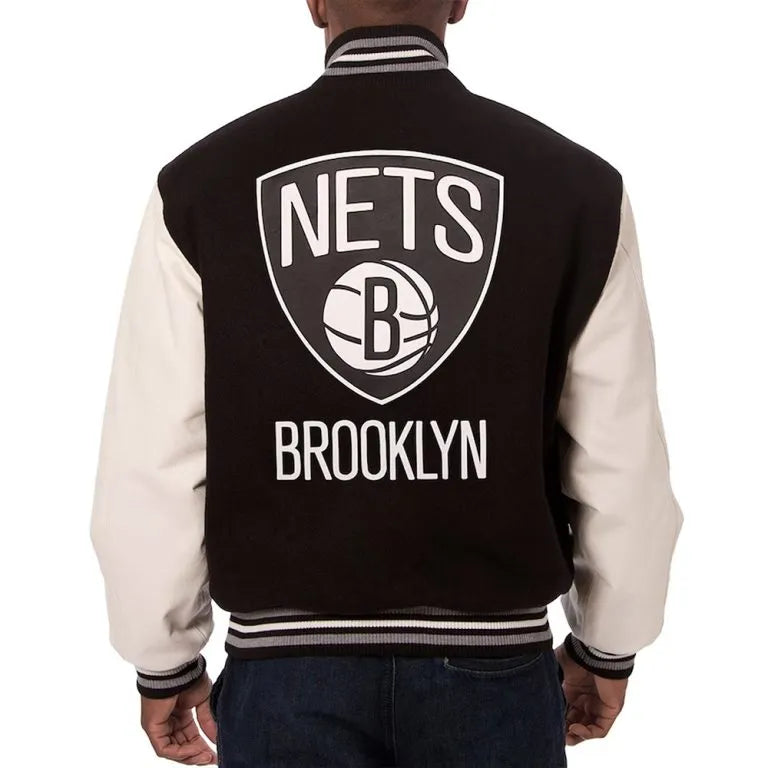 Brooklyn Nets NBA Black Wool & White Genuine Leather Sleeves Men's Varsity Letterman Jacket