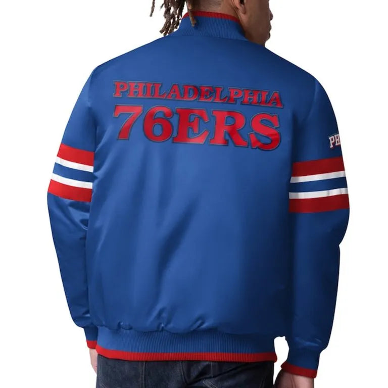Philadelphia 76ers Scout I Full-Snap Varsity Royal BlueSatin Men's Bomber Jacket