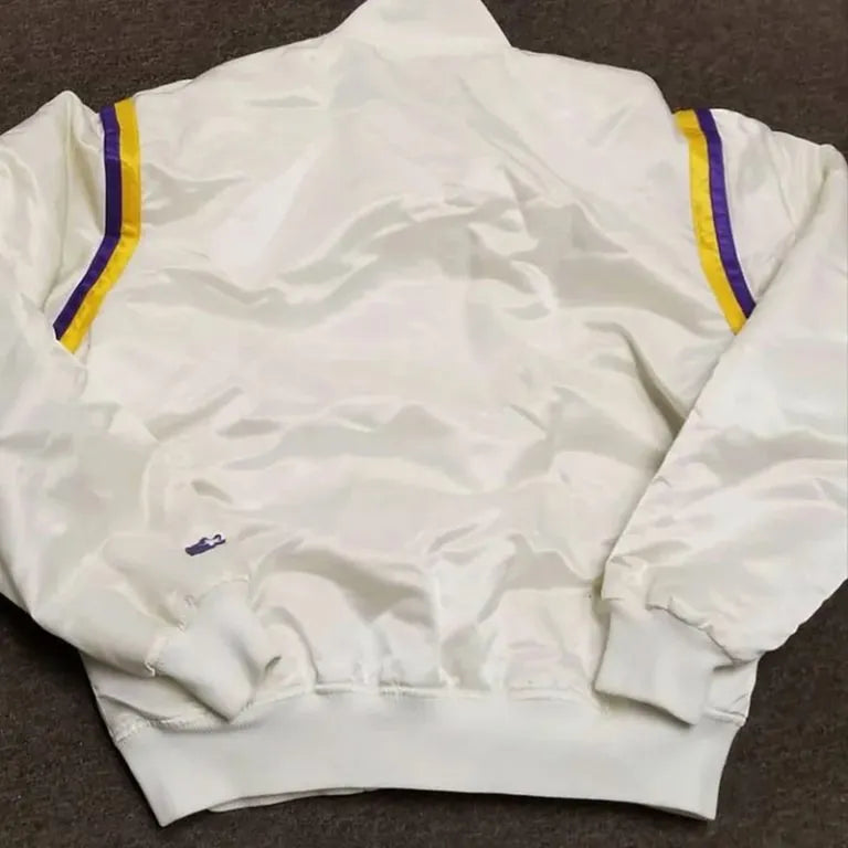 80s Los Angeles Lakers Vintage Full-Snap Varsity White Satin Men's Bomber Jacket