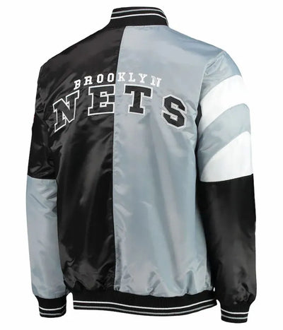 Brooklyn Nets Leader Full-Snap Varsity Gray & Black Satin Men's Bomber Jacket
