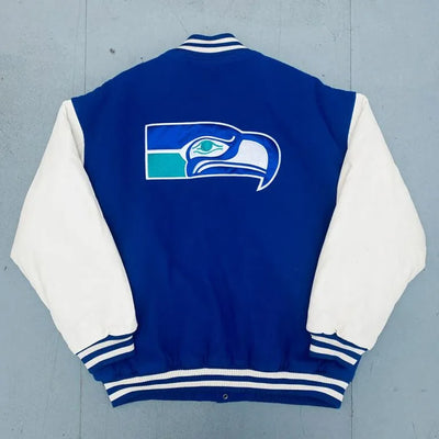 1990’s Seattle Seahawks Royal Blue Wool & White Genuine Leather Sleeves Men's Varsity Letterman Jacket