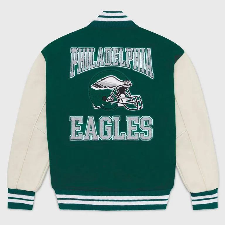 OVO Philadelphia Eagles Green Wool & White Genuine Leather Sleeves Men's Varsity Letterman Jacket