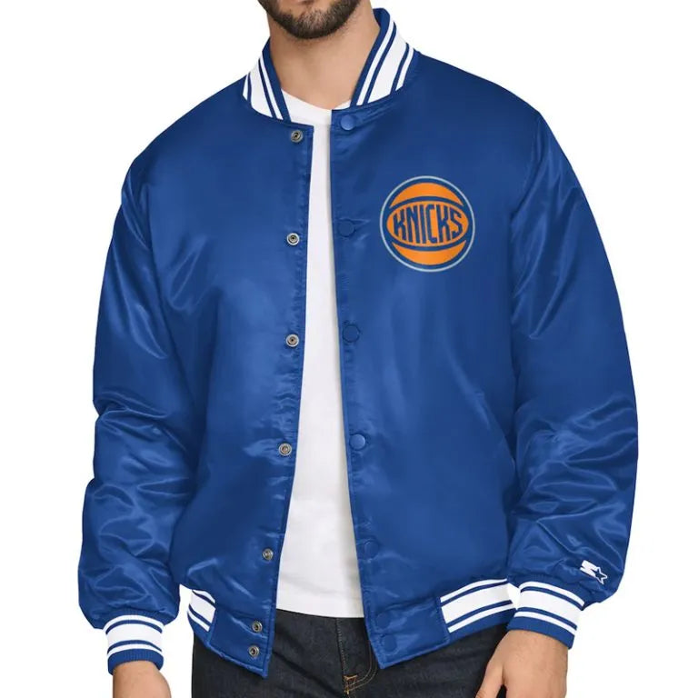 New York Knicks Team Name Full-Snap Varsity Blue Satin Men's Bomber Jacket