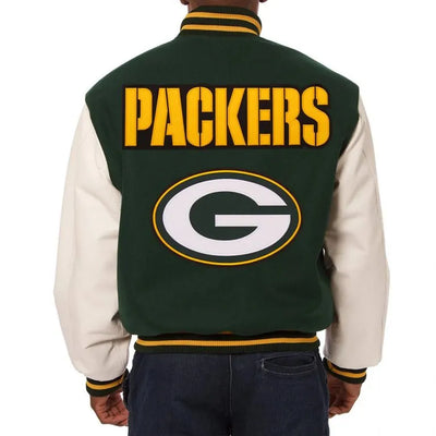 Green Bay Packers Green Wool and White Genuine Leather Sleeves Men's Varsity Letterman Jacket