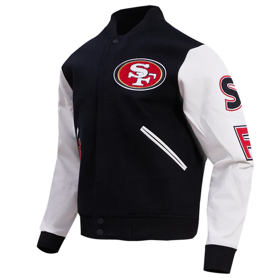 San Francisco 49ers Mash Up Retro Classic Black Wool & White Genuine Leather Sleeves Men's Varsity Letterman Jacket