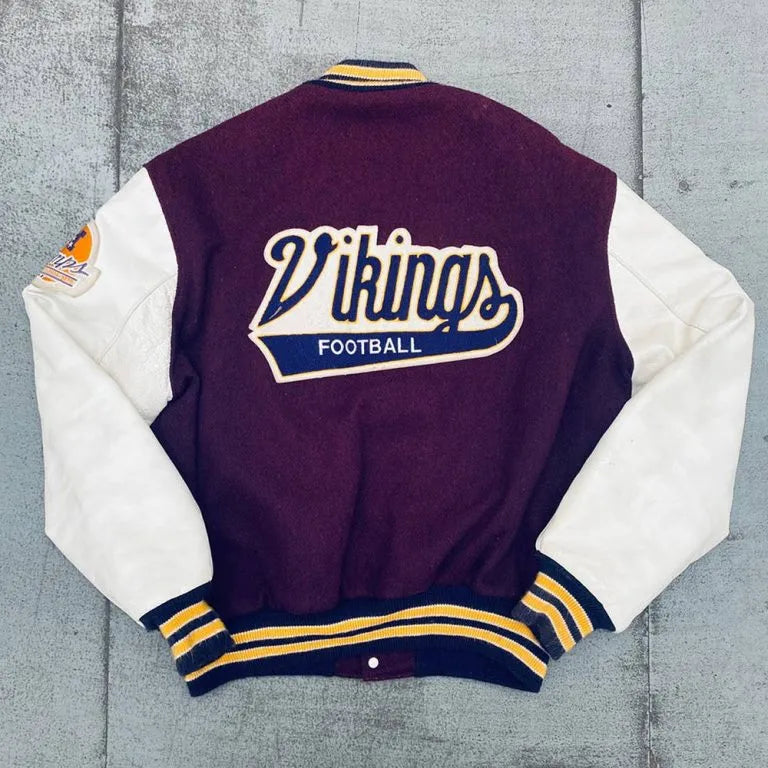 1980’sMinnesota Vikings NFC Champs Patch Purple Wool and White Genuine Leather Sleeves Men's Varsity Letterman Jacket