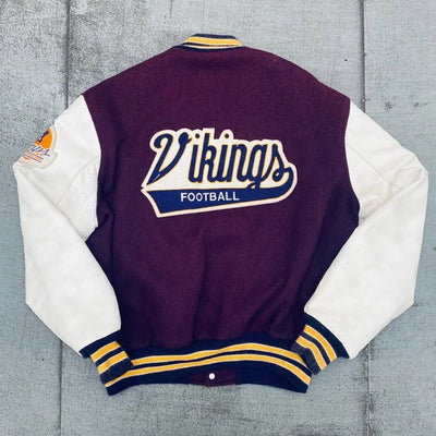 1980’sMinnesota Vikings NFC Champs Patch Purple Wool and White Genuine Leather Sleeves Men's Varsity Letterman Jacket
