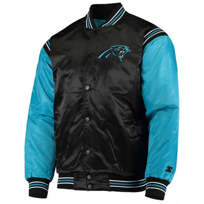 Carolina Panthers Enforcer Full-Snap Varsity Black/Blue Satin Men's Bomber Jacket