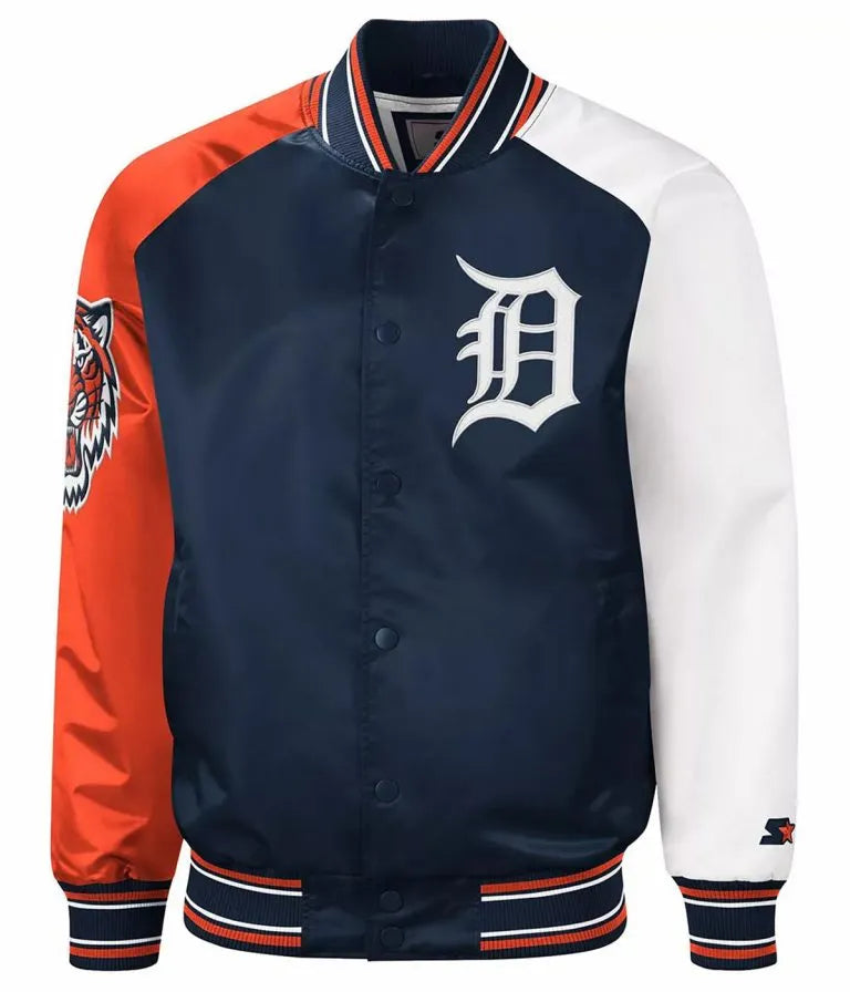 Detroit Tigers Reliever Raglan Blue/Orange Satin Full-Snap Men's Jacket