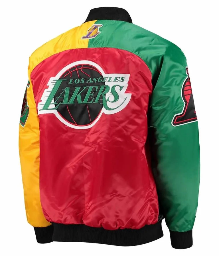 Los Angeles Lakers Ty Mopkins Full-Snap Varsity Tri Color Satin Men's Bomber Jacket