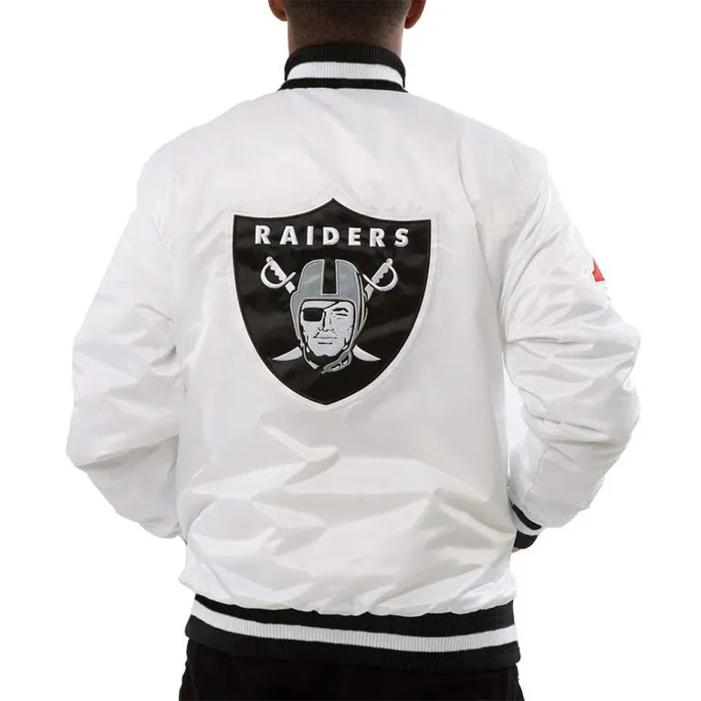 Los Angeles Raiders Mark Davis Full-Snap Varsity White Satin Men's Bomber Jacket