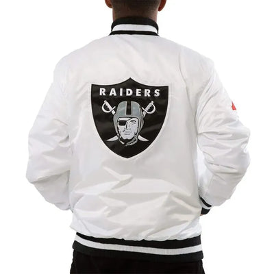 Los Angeles Raiders Mark Davis Full-Snap Varsity White Satin Men's Bomber Jacket