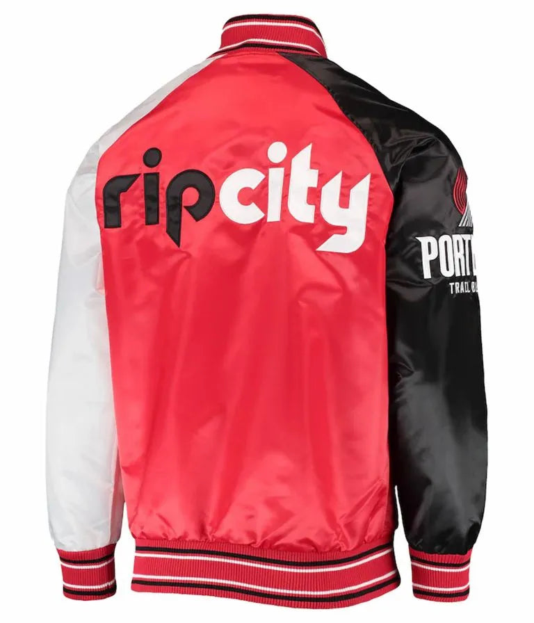 Portland Trail Blazers Reliever Full-Snap Varsity Tri Color Satin Men's Bomber Jacket
