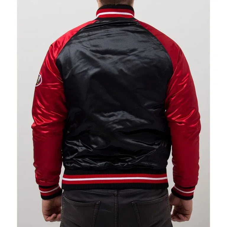 Chicago Bulls Tough Season Full-Snap Varsity Black and White Satin Men's Bomber Jacket