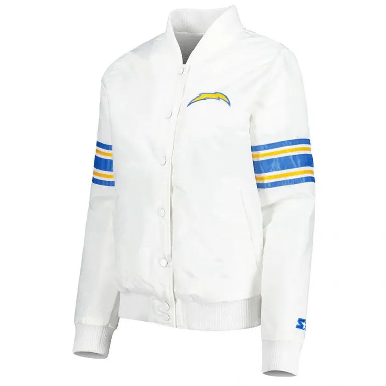 Los Angeles Chargers Line Up Full-Snap Varsity White Satin Men's Bomber Jacket