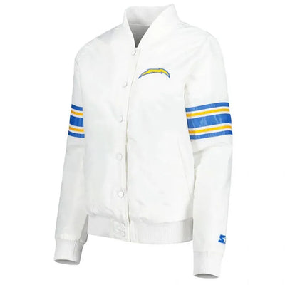 Los Angeles Chargers Line Up Full-Snap Varsity White Satin Men's Bomber Jacket