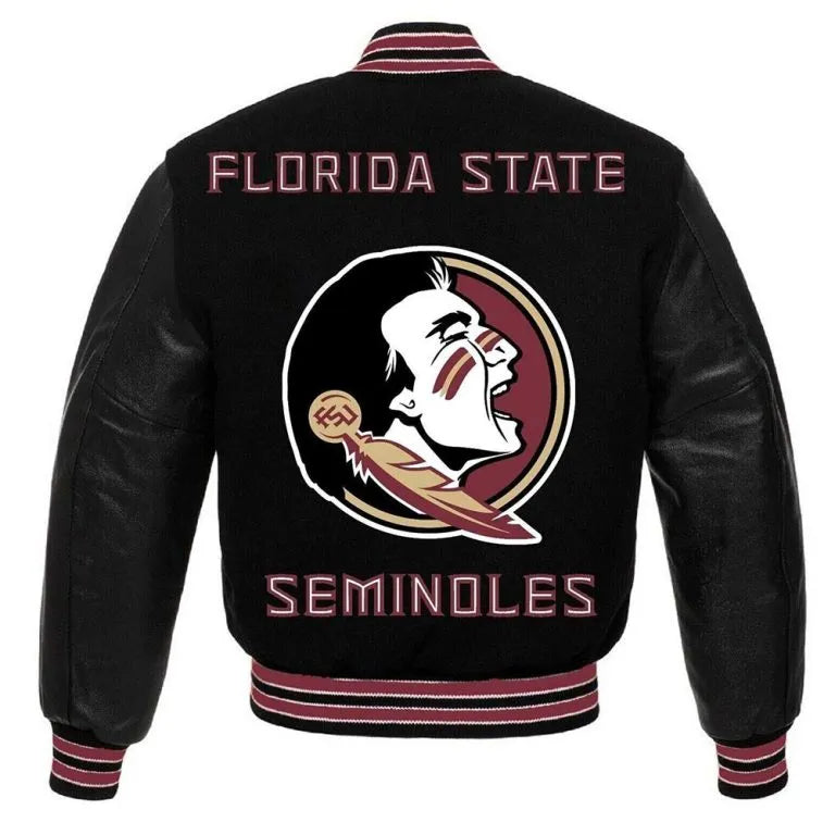 Florida State Seminoles Black Wool & Genuine Leather Sleeves Men's Letterman Varsity Jacket