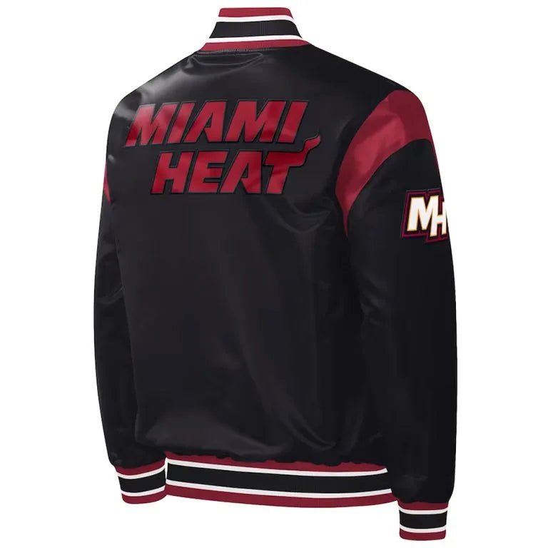 Miami Heat Force Play Full-Snap Varsity Black Satin Men's Bomber Jacket