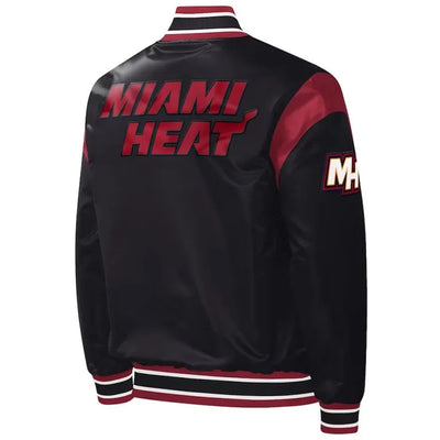 Miami Heat Force Play Full-Snap Varsity Black Satin Men's Bomber Jacket