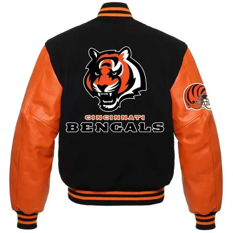 Cincinnati Bengals Super Bowl LVI Black Wool & Orange Genuine Leather Sleeves Men's Varsity Jacket