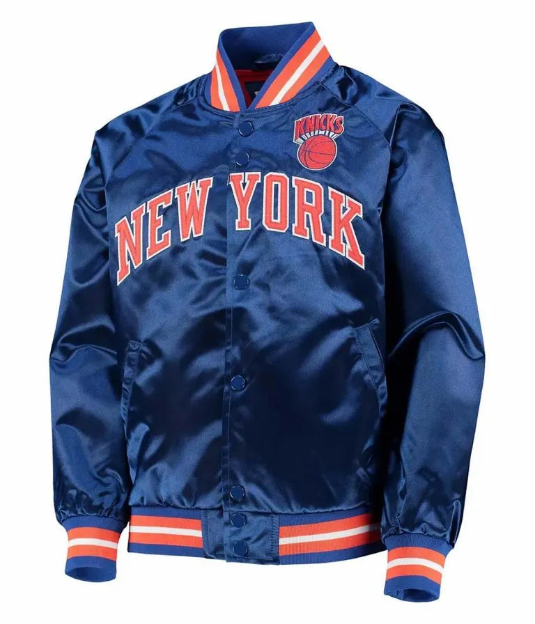 New York Knick Hardwood Classic Full-Snap Varsity Blue Satin Men's Bomber Jacket