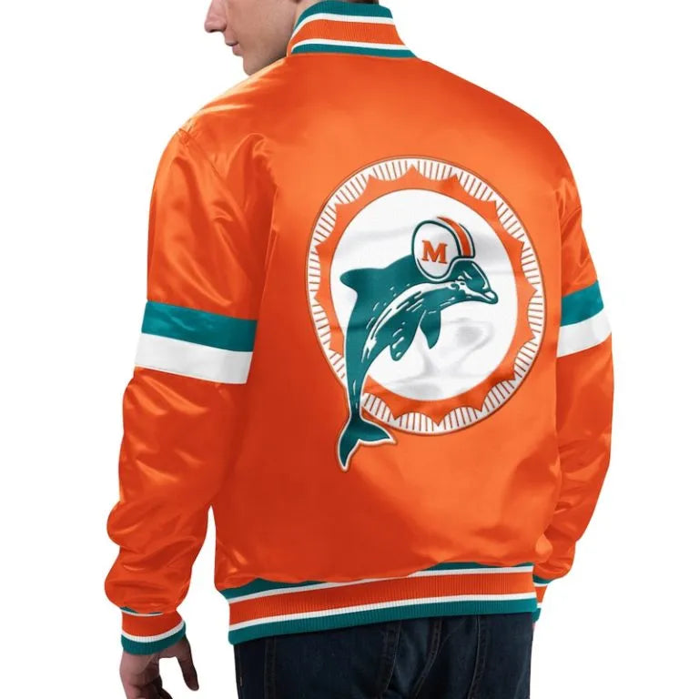 Miami Dolphins Gridiron Classics Home Game Full-Snap Varsity Orange Satin Men's Bomber Jacket