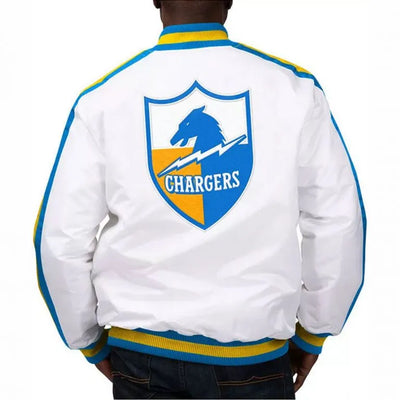 Los Angeles Chargers The D-Line Full-Snap Varsity White Satin Men's Bomber Jacket