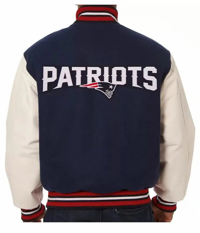 New England Patriots Navy Blue Wool and White Genuine Leather Sleeves Men's Varsity Letterman Jacket