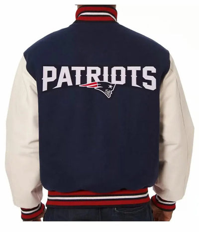 New England Patriots Navy Blue Wool and White Genuine Leather Sleeves Men's Varsity Letterman Jacket