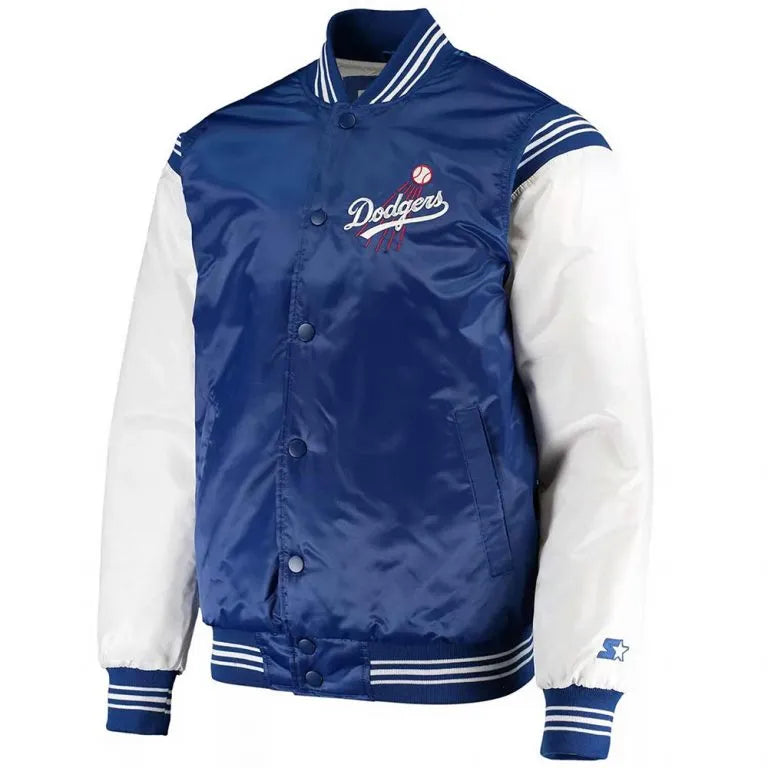 LA Dodgers Enforce White and Blue Satin Varsity Full-Snap Men's Jacket