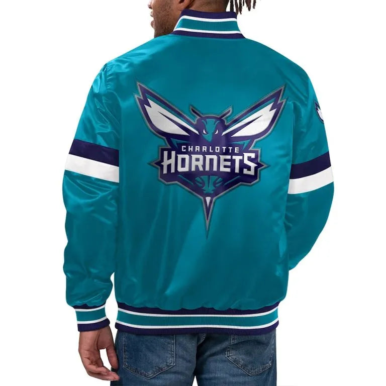 Charlotte Hornets Home Game Full-Snap Varsity Teal Satin Men's Bomber Jacket