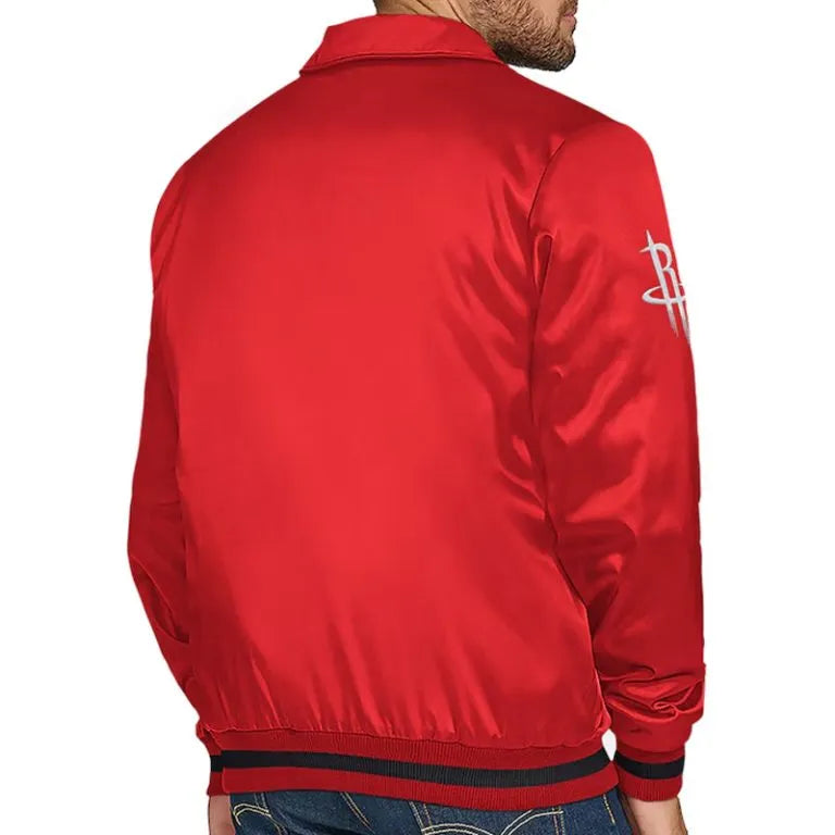 Houston Rockets Stitch Applique Full-Snap Varsity Red Satin Men's Bomber Jacket