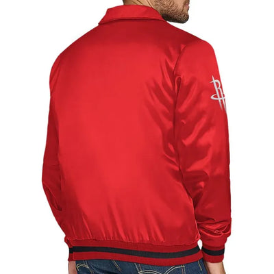 Houston Rockets Stitch Applique Full-Snap Varsity Red Satin Men's Bomber Jacket