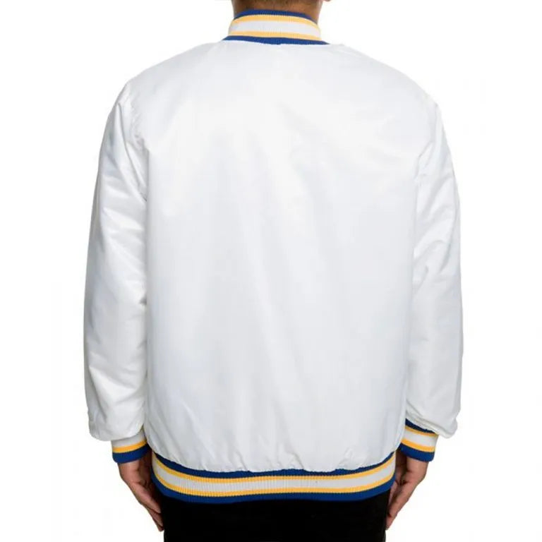 Golden State Warriors Full-Snap Varsity White Satin Men's Bomber Jacket