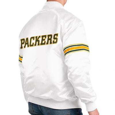 Green Bay Packers The Power Forward Full-Snap Varsity White Satin Men's Bomber Jacket