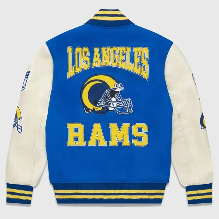 OVO Los Angeles Rams Royal Blue Wool and White Genuine Leather Sleeves Men's Varsity Letterman Jacket