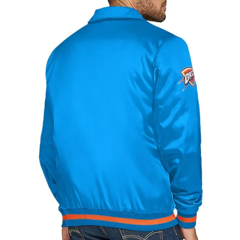 Oklahoma City Thunder Stitch Applique Full-Snap Varsity Blue Satin Men's Bomber Jacket