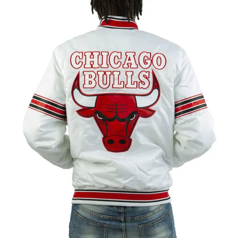 NBA Chicago Bulls Full-Snap Varsity Striped White Satin Men's Bomber Jacket