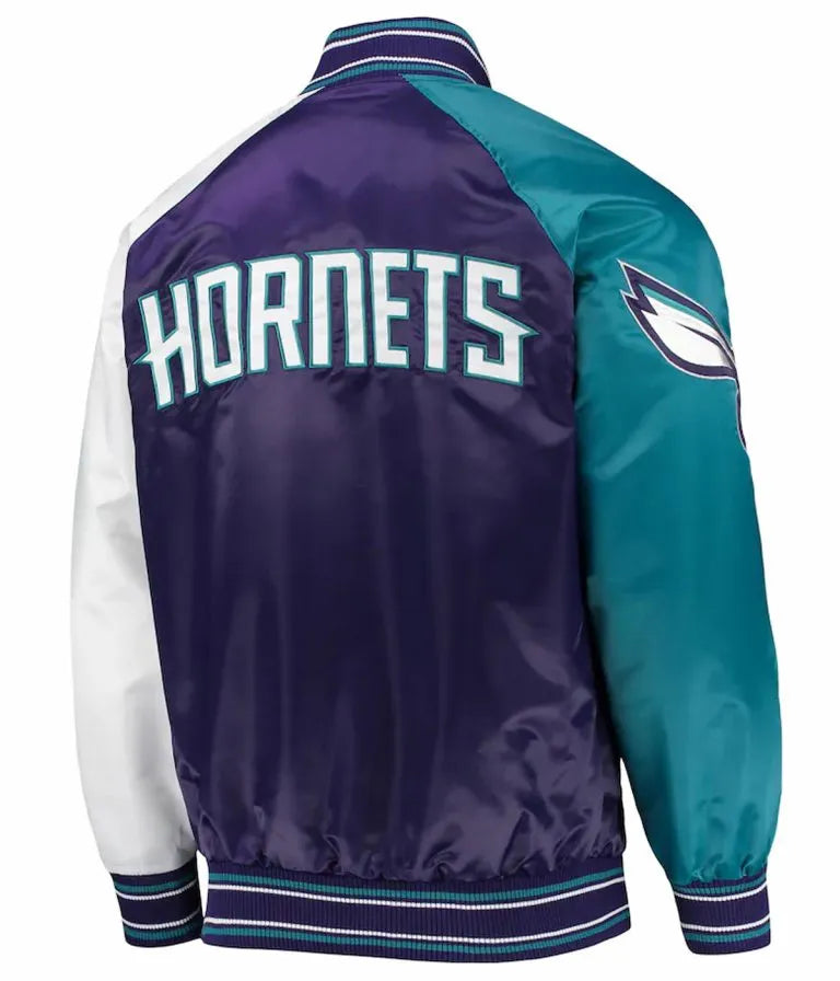 Charlotte Hornets Reliever Raglan Full-Snap Varsity Purple/Teal Satin Men's Bomber Jacket