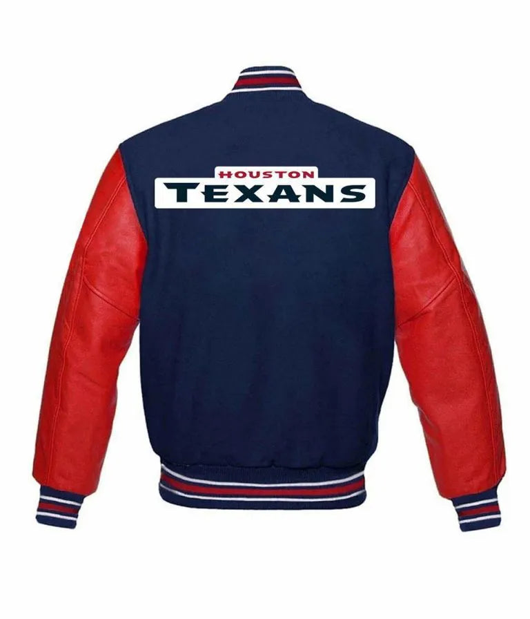 Houston Texans Blue Wool and Red Genuine Leather Sleeves Men's Varsity Letterman Jacket